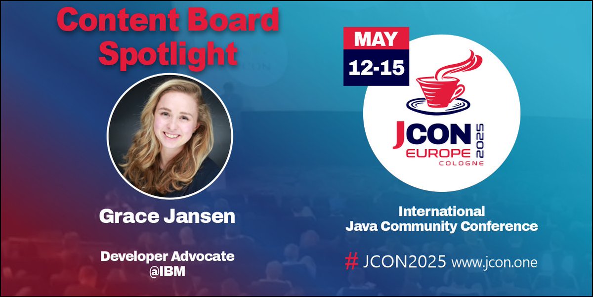 jcon_conference's tweet photo. Meet our #JCON #ContentBoard
Today's 4 pm spotlight: @gracejansen27
The former Biologist who converted to Tech and won the #TechWomen100!
This #JavaChampion works at @IBM as an Advisory Developer Advocate.
Say hello and hope for a high vote from her ;)
Submit by Nov 29 ๐ https://t.co/D6AKPxgA9E
#JCON2025 #CFP #Java