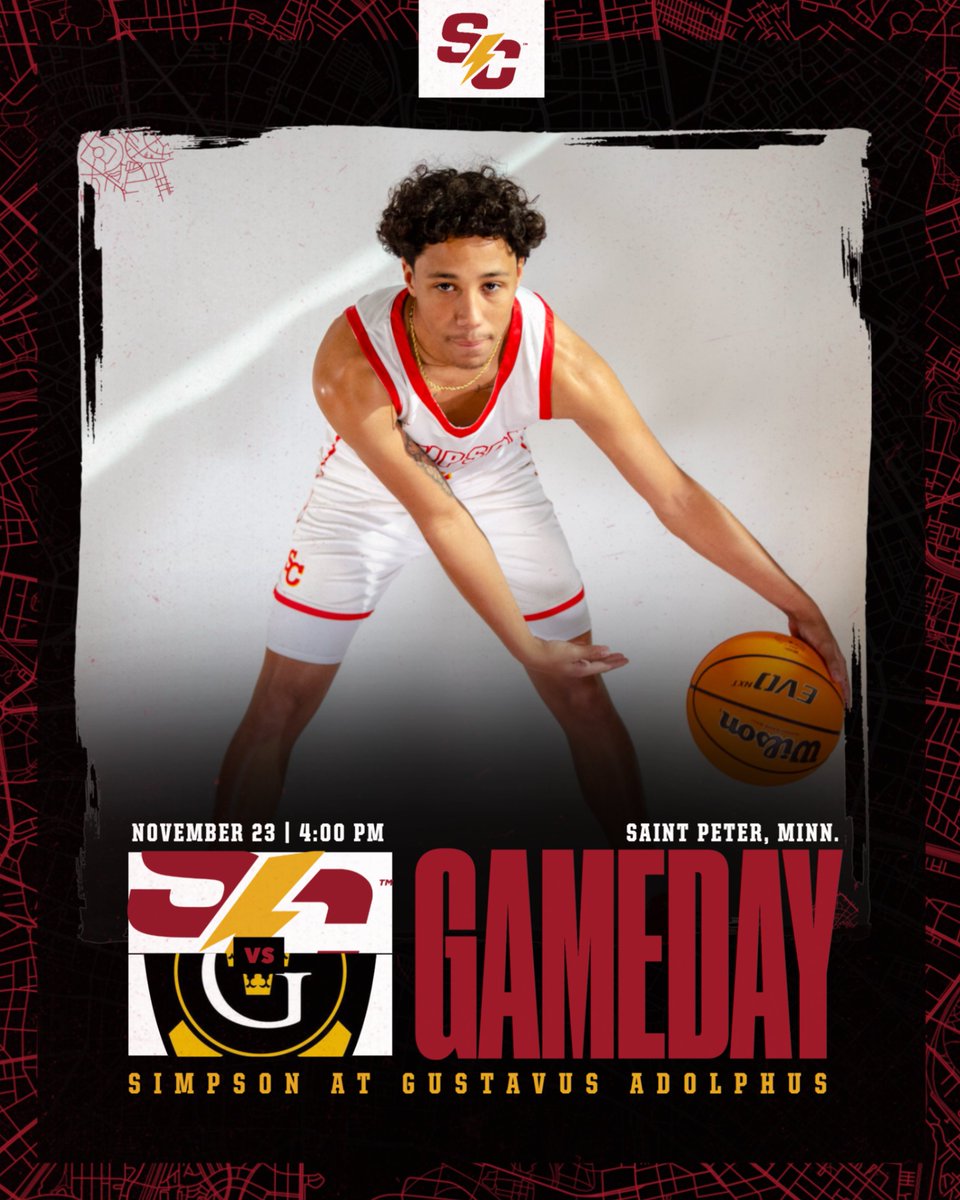 On the road.

🆚 Gustavus Adolphus
🕔 4:00 p.m.
📍 Saint Peter, Minn.
📊/🖥️ linktr.ee/simpsonmbasket…

#rollriversMBB #d3hoops