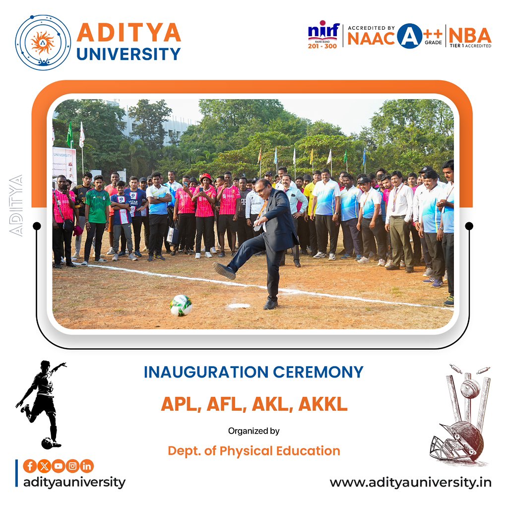 adityauniv's tweet photo. An exciting journey of sportsmanship and competition begins as we kick off the Aditya Premier League (APL), Aditya Football League (AFL), Aditya Kabaddi League (AKL), and Aditya KHO-KHO League (AKKL)!

#AdityaUniversity #APLTournament #AFLTournament #AKLTournament https://t.co/iI7XIOr5lH