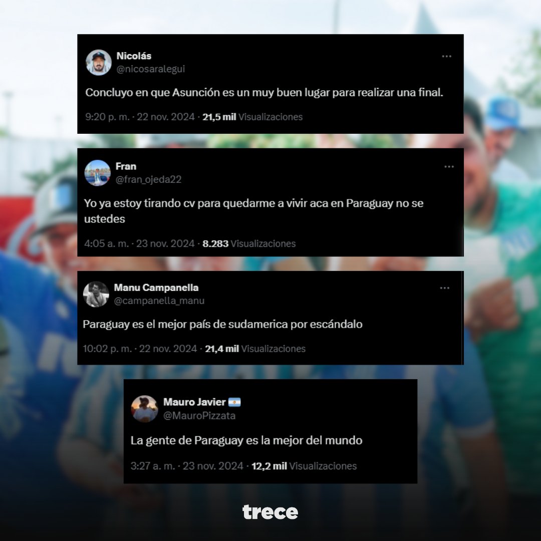 trecepy's tweet photo. ¡AMAMOS!💖 | Mi país, mi país 🥳🇵🇾

📲Las redes se llenan de halagos para Paraguay por parte de visitantes que llegaron para presenciar la gran final de la CONMEBOL #Sudamericana 

¿Excelentes anfitriones? ¡SÍ SOMOS!😁

#Trece📺 | #SiempreConectados https://t.co/7T6lIsG6nD
