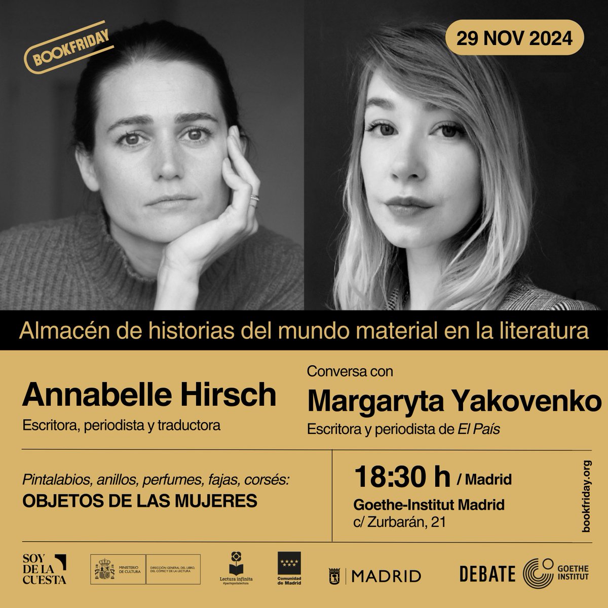 Editorial Debate (@debatelibros) on Twitter photo ¿Nos acompañas al #Bookfriday de <a href="/soydelacuesta/">Soy de la Cuesta</a>?
🗓️ 29 de noviembre
⏰ 18:30h
📖 Annabelle Hirsch conversará con <a href="/margayakovenko/">Margaryta Yakovenko</a> sobre su libro «Cosas de mujeres»
📍 <a href="/GIMadrid/">Goethe-Institut MAD</a> ¿Nos acompañas al #Bookfriday de <a href="/soydelacuesta/">Soy de la Cuesta</a>?
🗓️ 29 de noviembre
⏰ 18:30h
📖 Annabelle Hirsch conversará con <a href="/margayakovenko/">Margaryta Yakovenko</a> sobre su libro «Cosas de mujeres»
📍 <a href="/GIMadrid/">Goethe-Institut MAD</a>