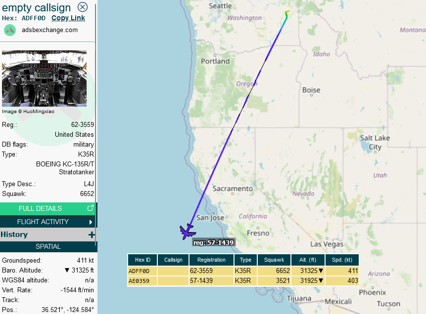 SirListenalot's tweet photo. 1120z #KC135's #ADFF0D & #AE0359 #FIAT64 out of Fairchild for AR with #E4 #ADFEB4 #TITAN25 https://t.co/Dk4uvohJOy