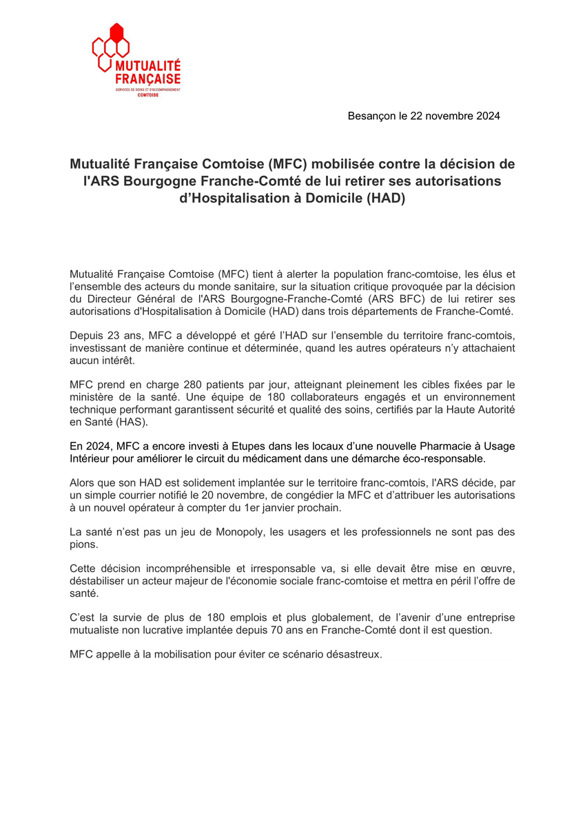 mutcomtoise's tweet photo. La récente décision de @arsbfc de transférer les autorisations de notre Hospitalisation à Domicile Comtois à un nouvel opérateur à partir du 1er janvier prochain nous plonge dans l’incompréhension !
Notre Communiqué de presse 
@TJouannet @EChenut @mutualite_fr @FEHAP_actu https://t.co/sNYEqfCU8q