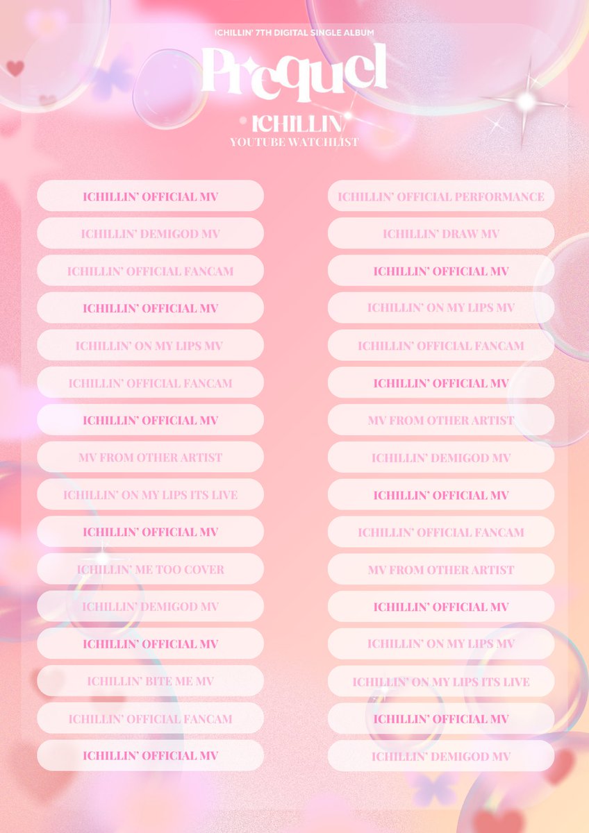 [YOUTUBE WATCHLIST]

Follow our YouTube watchlist when streaming ICHILLIN’ Official MV to help stream smoothly!

🔗 youtu.be/wBjNEZBxPIQ?si…

#ICHILLIN #아이칠린
#Prequel #Official
#ICHILLIN_Official
<a href="/ichillin_km/">ICHILLIN' OFFICIAL</a> <a href="/I_m_chillin/">ICHILLIN'</a>