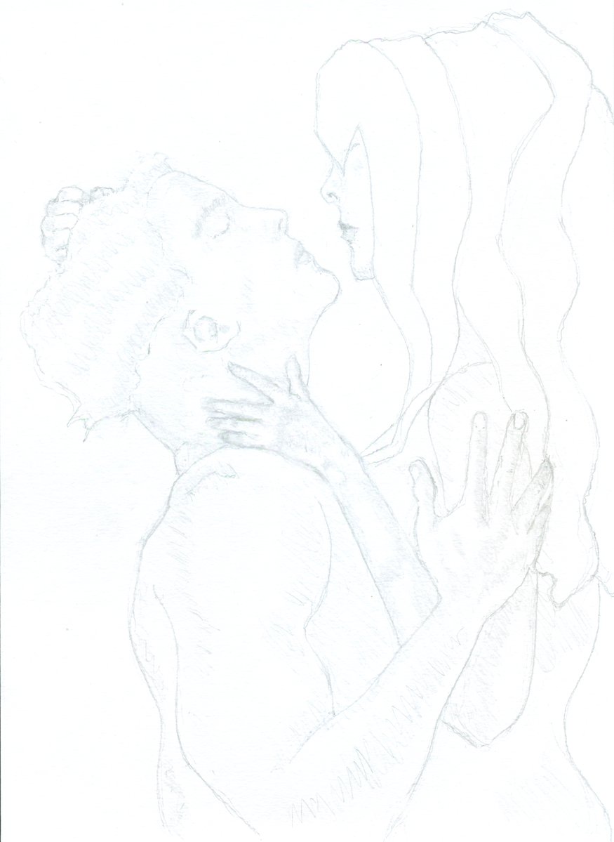 bu70890's tweet photo. #art #drawing #pencil #figure  #ComicArt 
#lovers #Intimatemoments #trans
Cass and Mikael (transcription).

Here's my homage to the work of #2000_AD artist Brian Bolland.

Thank you Brian https://t.co/NGhOOjFRIL