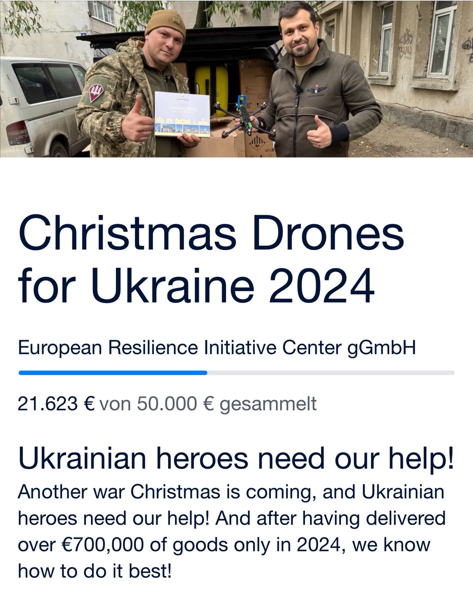 Within just 24h, we at <a href="/EuroResilience/">European Resilience Initiative Center</a> with <a href="/BrennpunktUA/">@BrennpunktUA 🇩🇪🇺🇦</a> and <a href="/frontlinekit/">Richard Woodruff 🇺🇦</a> have raised over €21,000 and are almost at 50% of our goal.  Will we see €30,000 today? I am sure it is possible! A donation link and a report from the last campaign are in the quoted thread below ⬇️