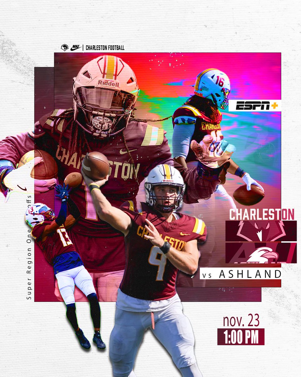 Another chance to go 1-0 this afternoon 😤

Charleston faces Ashland in the opening round of the NCAA Division II Playoffs 🦅

Kickoff set for 1:00 pm 🕐

#WingsUp