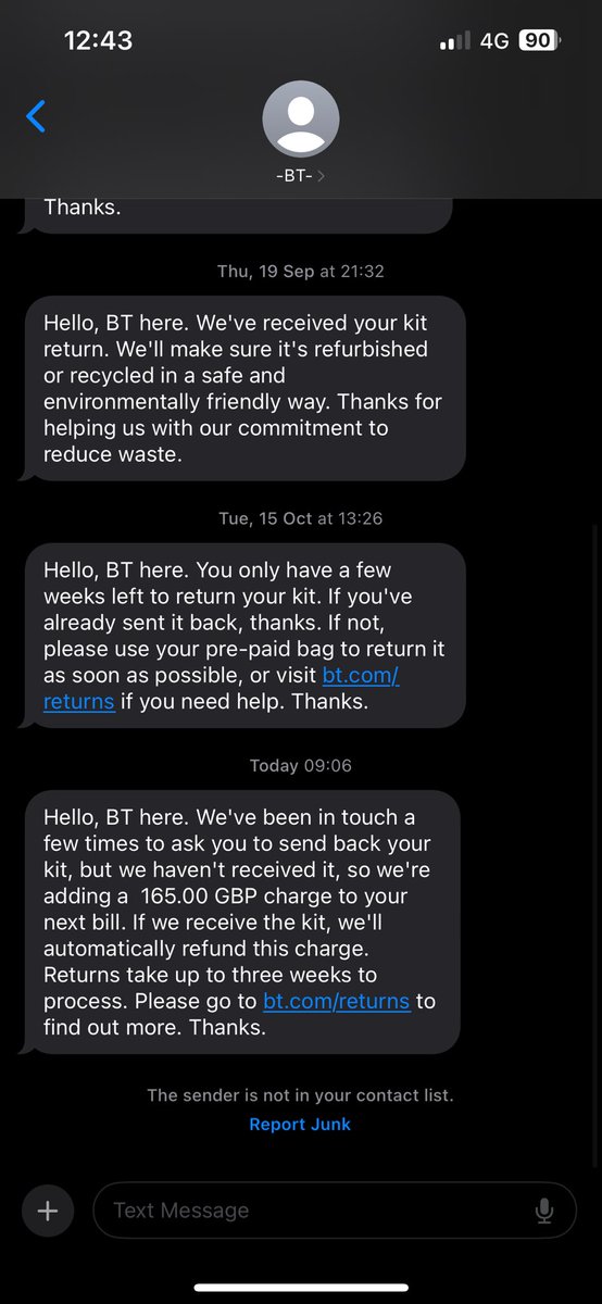 gconnor21's tweet photo. @BTCare up to your usual tricks I see. 
“Yeah we’ve received it.” Then “we’re gonna charge you” glad I left for another provider. Painful experience every single step of the way. https://t.co/6svI3N1SoU