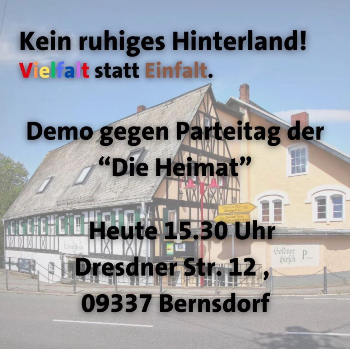_C_Nazifrei's tweet photo. Heute und morgen findet in Bernsdorf (Landkreis Zwickau) der Bundesparteitag Der Heimat/ NPD statt. 
Ab 15:30 Uhr gibt es einen Gegenprotest. Fahrt hin! https://t.co/RXBllhudgh