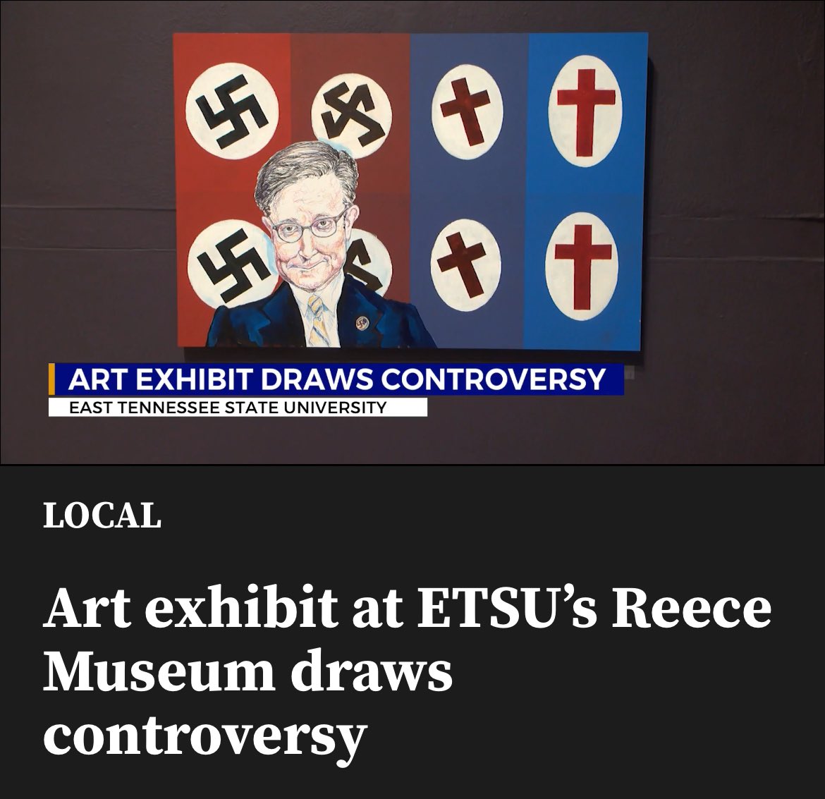 bradbatt's tweet image. An art piece about fascism, authoritarianism, and Christian nationalism has the TNGOP in fits. They want it and the artist banned from campus

Wild to watch an art protest against authoritarianism immediately bring out their authoritarianism

wjhl.com/news/local/art…