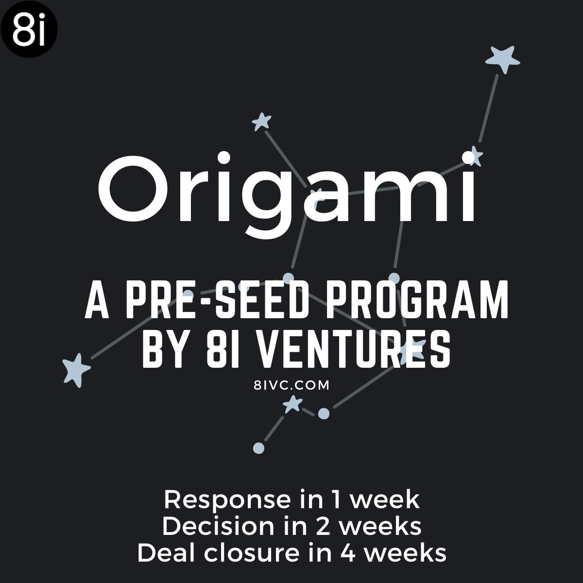 🚀 Launching the 2nd edition of Origami, our pre-seed program!

If you’d rather build than spend time raising - Apply now: 8ivc.com/origami

SPEED:
✅ Response: 7 days
✅ Term sheet: 14 days
✅ Deal closed: 30 days

⚡ Fast funding to fuel your growth ⚡
<a href="/lemonandice/">Vikram Chachra 🎱</a>