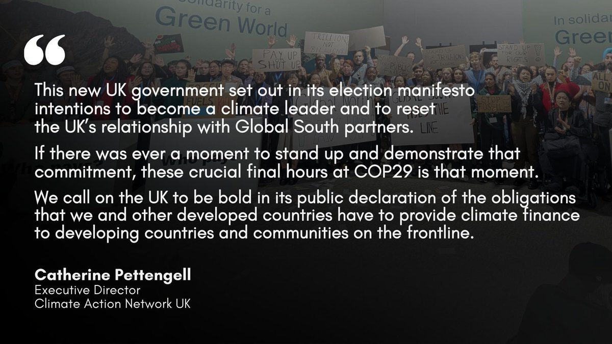 CAN-UK (@can_uk_) on Twitter photo With #COP29 deep into overtime, CAN-UK and <a href="/CANRacCanada/">CAN-Rac Canada</a> call on UK and Canada to publicly speak up on the importance of developed countries obligations to provide climate finance under the Paris Agreement, and to ensure the COP29 outcome reflects this.
climateactionnetwork.ca/as-cop29-goes-… With #COP29 deep into overtime, CAN-UK and <a href="/CANRacCanada/">CAN-Rac Canada</a> call on UK and Canada to publicly speak up on the importance of developed countries obligations to provide climate finance under the Paris Agreement, and to ensure the COP29 outcome reflects this.
climateactionnetwork.ca/as-cop29-goes-…