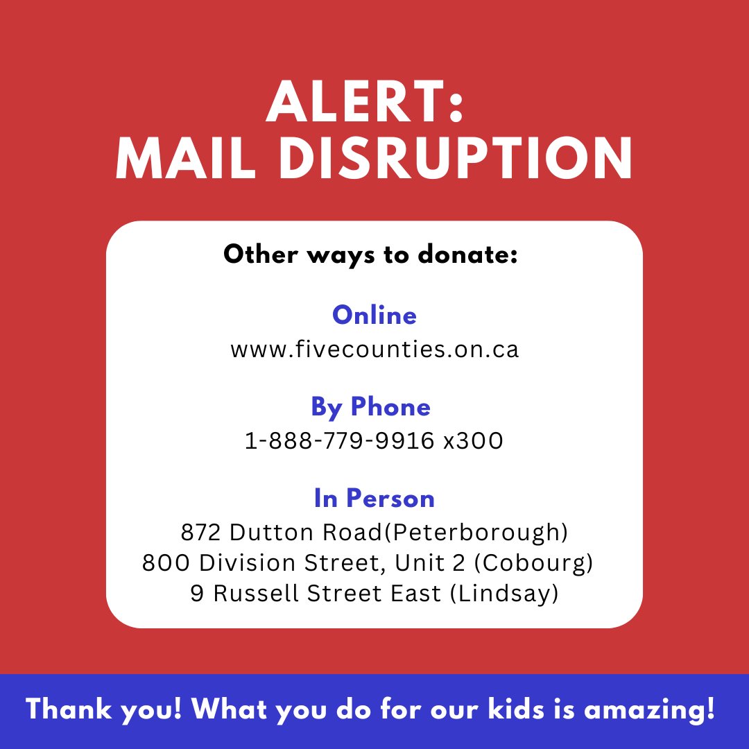 5CountiesKids's tweet photo. Mail may be impacted due to postal strike, but our commitment to supporting children &amp; families in our communities remains unwavering. Through your support of the #BuildingAbilitiesForLife Campaign, we are enhancing lives by providing kids with the life-changing care they need. https://t.co/ay7GjWCPjp