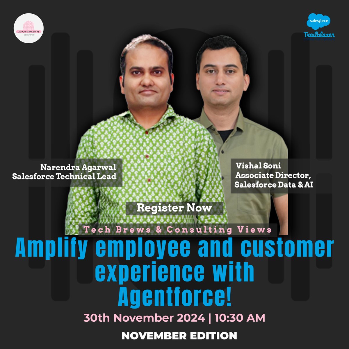 📢 Don't miss the upcoming Tech Brews &amp; Consulting Views Nov edition on Saturday, 30 Nov at 10:30 AM. 

Learn how to 'Amplify your employees and customers' experiences with Agentforce' in this edition.

RSVP now: lnkd.in/gYEN3jwM

#datacloud #agentforce