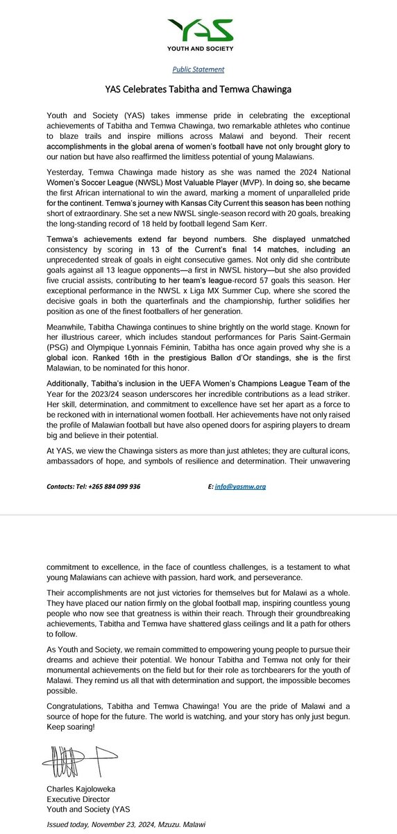 YAS_Malawi's tweet image. YAS STATEMENT CELEBRATING Tabitha TC11 Chawinga and Temwa TC6 Chawinga. 

&quot;At YOUTH AND SOCIETY, we view the Chawinga sisters as more than just athletes; they are cultural icons, ambassadors of hope, and symbols of resilience and determination&quot;, reads part of the statement.