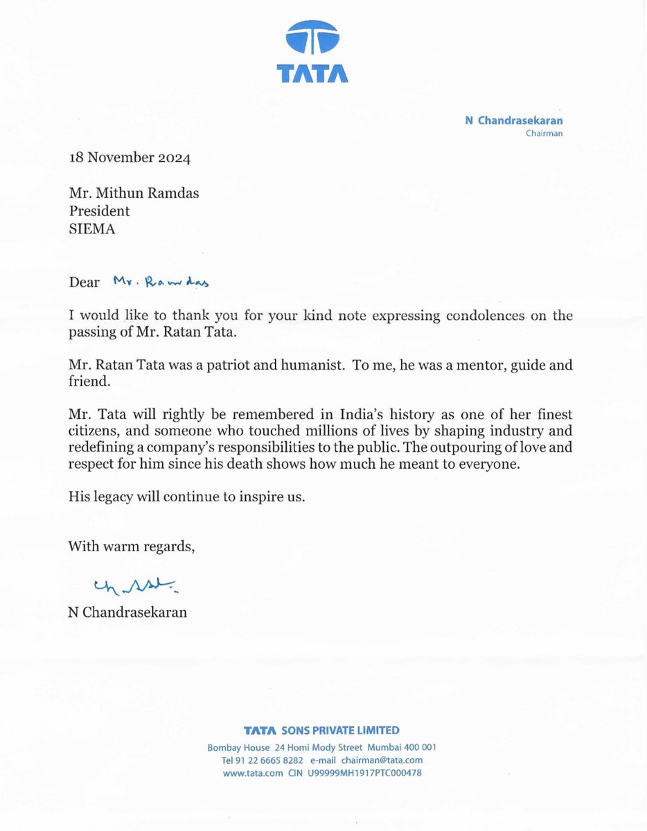 Mithun Ramdas (@mithunramdas) on Twitter photo This is what sets the <a href="/TataCompanies/">Tata Group</a> apart from the rest. Their Chairman, Mr. N. Chandrashekar, has sent a personalized note in response to my condolence note to them on the passing of Mr. <a href="/RNTata2000/">Ratan N. Tata</a> This is what sets the <a href="/TataCompanies/">Tata Group</a> apart from the rest. Their Chairman, Mr. N. Chandrashekar, has sent a personalized note in response to my condolence note to them on the passing of Mr. <a href="/RNTata2000/">Ratan N. Tata</a>
