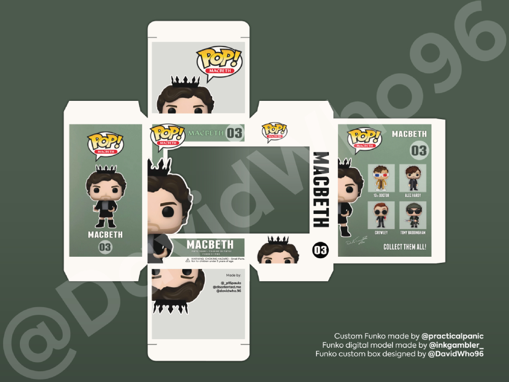 DavidWho96's tweet image. Estas dos muchachas, @practicalpanic y @inkgambler_, se han ido a Londres a ver a David Tennant en Macbeth y se les ocurrió llevarle de regalo un Funko custom, así que me pidieron si les podía diseñar una caja personalizada y aquí está el resultado:
