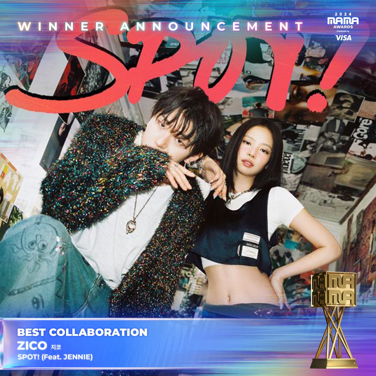 MnetMAMA's tweet image. [#2024MAMA] BEST COLLABORATION #zico #지코 #jennie #제니 @jennierubyjane #SPOT

We proudly announce the great winner of the 2024 MAMA AWARDS!🏆

BIG BLUR : What is Real?
2024 MAMA AWARDS

#MAMAAWARDS
#2024MAMAAWARDS