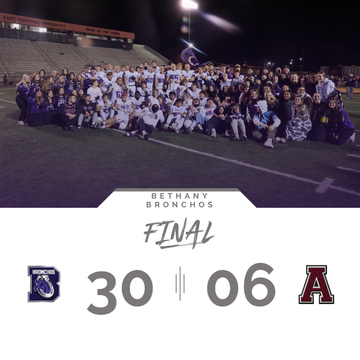 Defeating Ada in the quarterfinal game by a score of 30-6, your Bethany Bronchos are headed to the semi-final round of state playoffs! Congratulations!