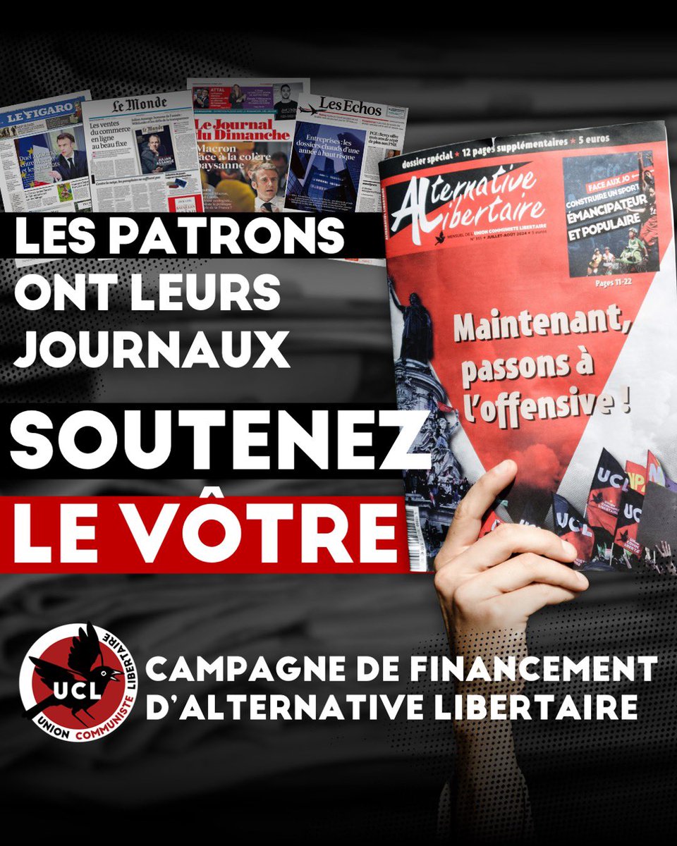 🚩🏴 Maintenir la presse révolutionnaire en kiosque, c’est un combat !

📰 Comme chaque année vous avez jusqu’au 31 décembre pour faire un don défiscalisé au mensuel de l’Union Communiste Libertaire !

unioncommunistelibertaire.org/?Aidez-Alterna…