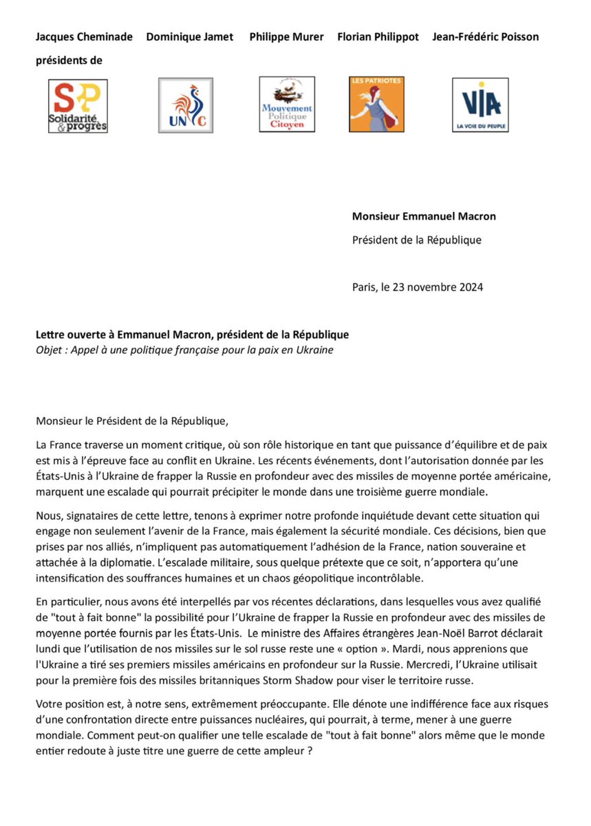 PhilippeMurer's tweet image. ⚠️ Lettre ouverte à Macron pour un appel à la désescalade et à la paix en Ukraine cosignée par 5 mouvements souverainistes à l’initiative du Mouvement Politique Citoyen ⚠️
✅Suite à l’envoi de missiles américains et anglais sur le sol russe, à l’escalade guerrière en Ukraine,…