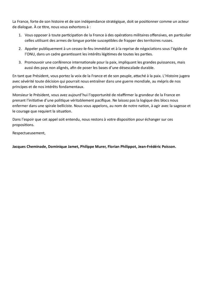 PhilippeMurer's tweet image. ⚠️ Lettre ouverte à Macron pour un appel à la désescalade et à la paix en Ukraine cosignée par 5 mouvements souverainistes à l’initiative du Mouvement Politique Citoyen ⚠️
✅Suite à l’envoi de missiles américains et anglais sur le sol russe, à l’escalade guerrière en Ukraine,…