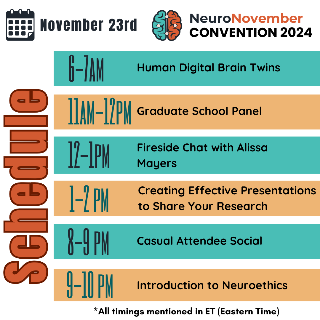 NeuroNovember's tweet image. Gear up! It's time for Day 1!! π Here's the schedule for today filled with a variety of interesting webinars and workshops from our speakers! π§ π
#neuronov24 #neuroscience #convention #graduates #research #psychology