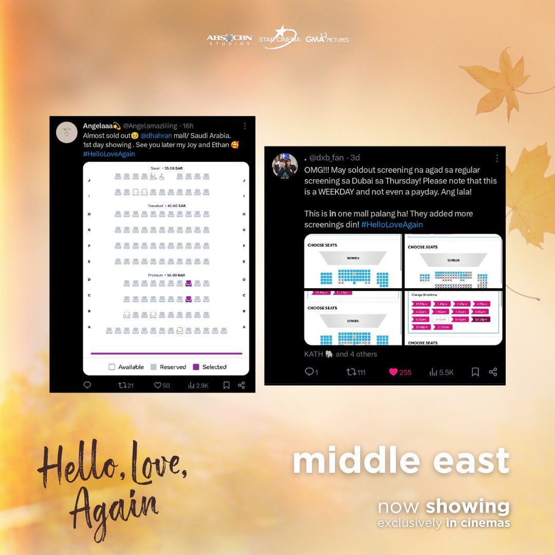 StarCinema's tweet photo. We found a home in the Middle East! 

Thank you to all of our loves who let yourselves find love again in cinemas! 💛💙

The biggest Filipino film of all time is finally here! Don’t miss the chance to say HELLO to Joy and Ethan again! 

#HelloLoveAgain NOW SHOWING IN MIDDLE EAST CINEMAS AND WORLDWIDE! ✈️