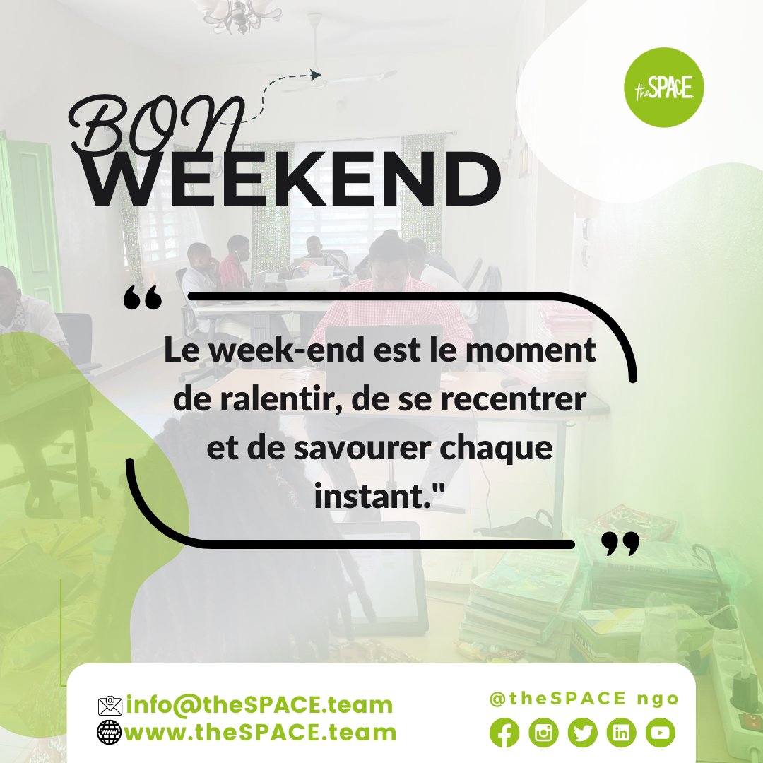 theSPACEngo's tweet photo. 𝑩𝒐𝒏 𝒘𝒆𝒆𝒌-𝒆𝒏𝒅 𝒂̀ 𝒕𝒐𝒖𝒔 ! 
Prenez le temps de 𝐫𝐚𝐥𝐞𝐧𝐭𝐢𝐫, de 𝐯𝐨𝐮𝐬 𝐫𝐞𝐜𝐞𝐧𝐭𝐫𝐞𝐫 et de 𝐬𝐚𝐯𝐨𝐮𝐫𝐞𝐫 𝐜𝐡𝐚𝐪𝐮𝐞 𝐢𝐧𝐬𝐭𝐚𝐧𝐭.
Le week-end est idéal pour se ressourcer et prendre soin de soi. 
#BonWeekend #theSPACEteam #BienÊtre #Équilibre https://t.co/1SXSsaB9VG