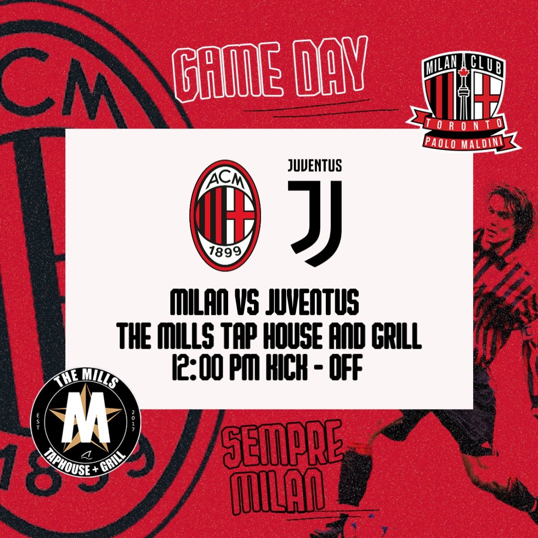 It's Game Day!!!
@ The Mills Tap House 
1️⃣2️⃣:0️⃣0️⃣PM Kick Off!
Match Day 1️⃣3️⃣
🔴⚫🔴⚫🔴⚫🔴⚫🔴⚫🔴⚫🔴⚫
Let's Gooooo!!! <a href="/acmilan/">AC Milan</a>

See you #Rossoneri there!!!

#MilanJuve #ForzaMilan
#SempreMilan #ACMilan #SerieA