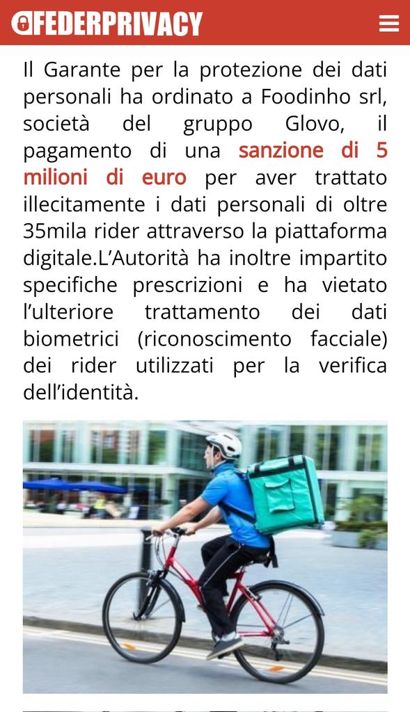equipeprivacy's tweet photo. Garante #Privacy, no all’algoritmo incontestabile dai lavoratori: sanzione da 5 milioni di euro a #Foodinho

https://t.co/kYjdfRhM1j https://t.co/fAFveOtk53