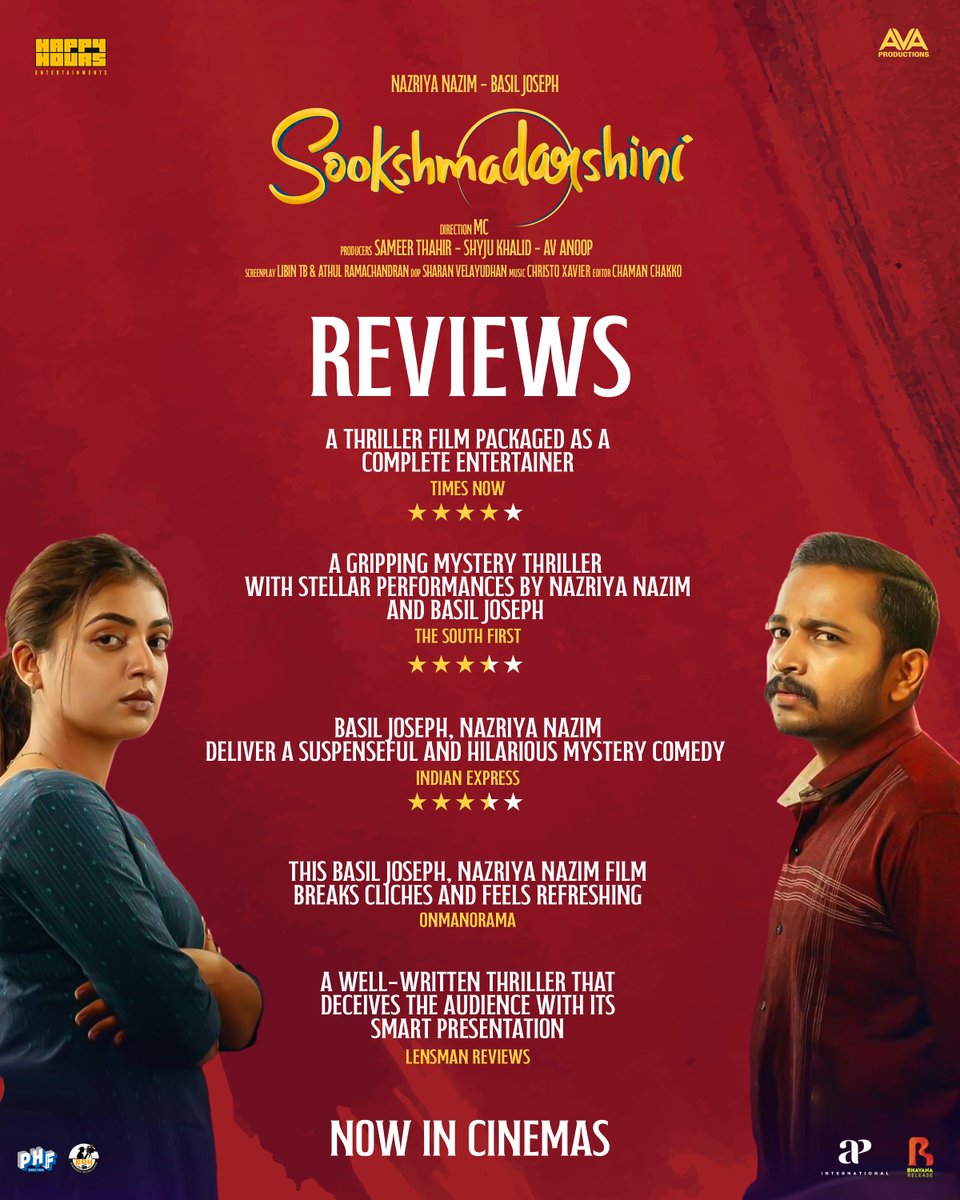 #Sookshmadarshini is winning hearts everywhere. Book your tickets now 🎬

A Film by #MCJithin 🎬

<a href="/basiljoseph25/">basil joseph</a> <a href="/NazriyaFahadh/">Nazriya Nazim Fahadh</a> #AkhilaBhargavan #PoojaMohanraj #DeepakParambol #KottayamRamesh #SameerThahir #ChristoXavier #AVAProduction #HappyHoursEntertainments <a href="/BhavanaRelease/">Bhavana Release</a>