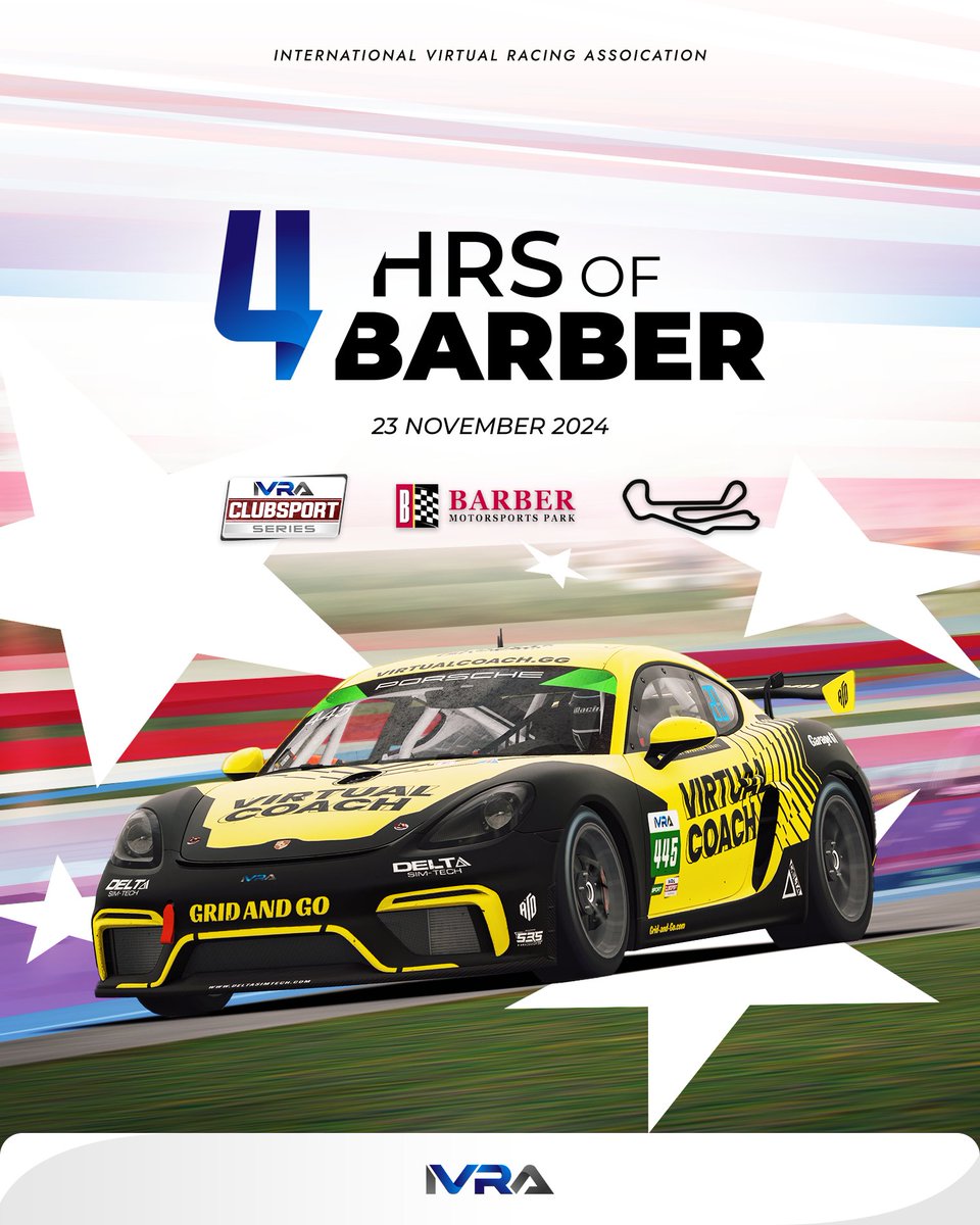 IVRA (@ivraleague) on Twitter photo It's finally here! Race Day of the 4hrs of Barber! 🇺🇸
The second round of the IVRA Clubsport Series season. Who will come out on top? Will we see repeat winners or someone new? 👀
You can find it out today live at 4 PM UTC on <a href="/RaceSpotTV/">RaceSpot TV</a>!
#IVRA #CLUBSPORT It's finally here! Race Day of the 4hrs of Barber! 🇺🇸
The second round of the IVRA Clubsport Series season. Who will come out on top? Will we see repeat winners or someone new? 👀
You can find it out today live at 4 PM UTC on <a href="/RaceSpotTV/">RaceSpot TV</a>!
#IVRA #CLUBSPORT