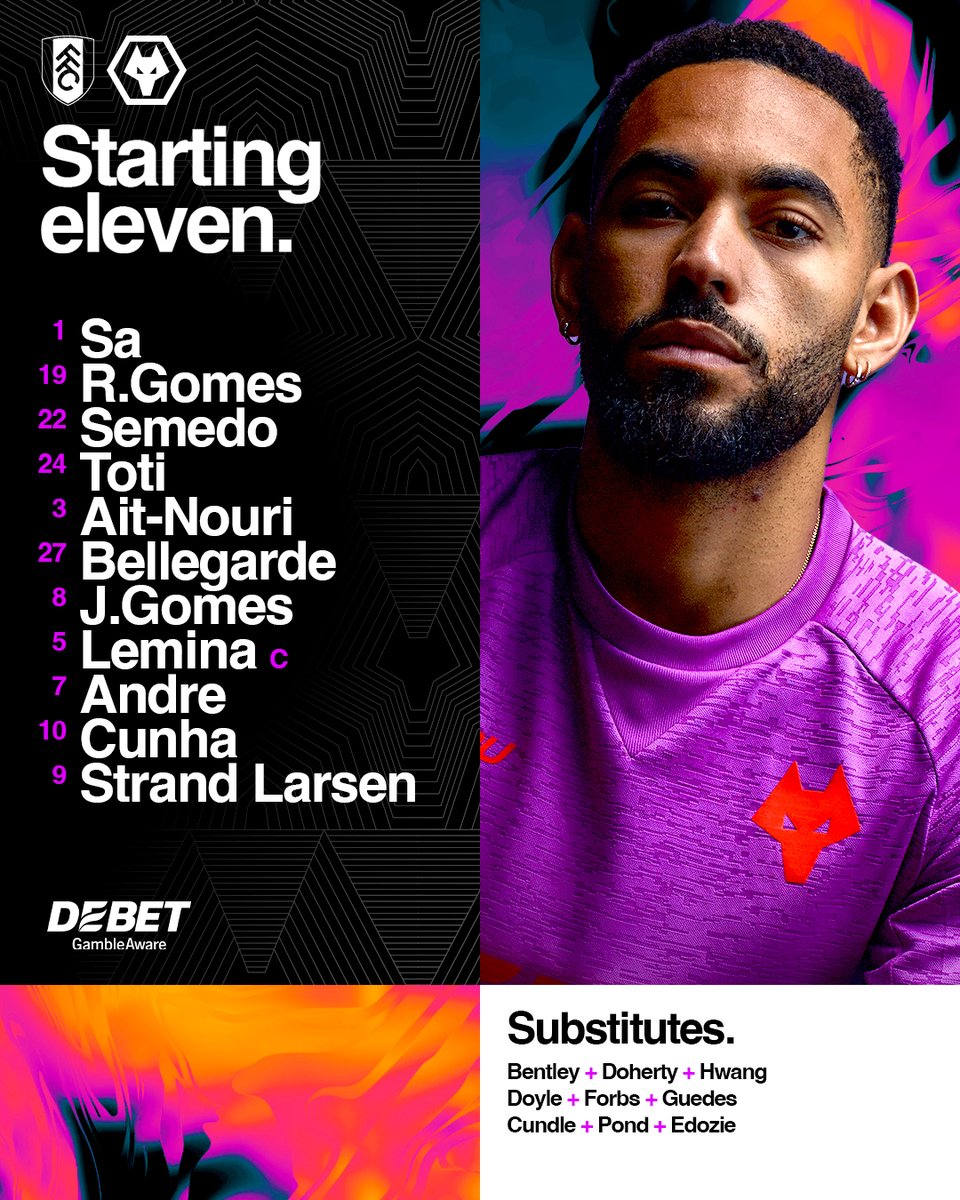 Wolves's tweet image. 3⃣ Three changes from #WOLSOU 
➡️ R. Gomes, Andre and Bellegarde into the XI

How we line-up to face @FulhamFC. 

🐺📋