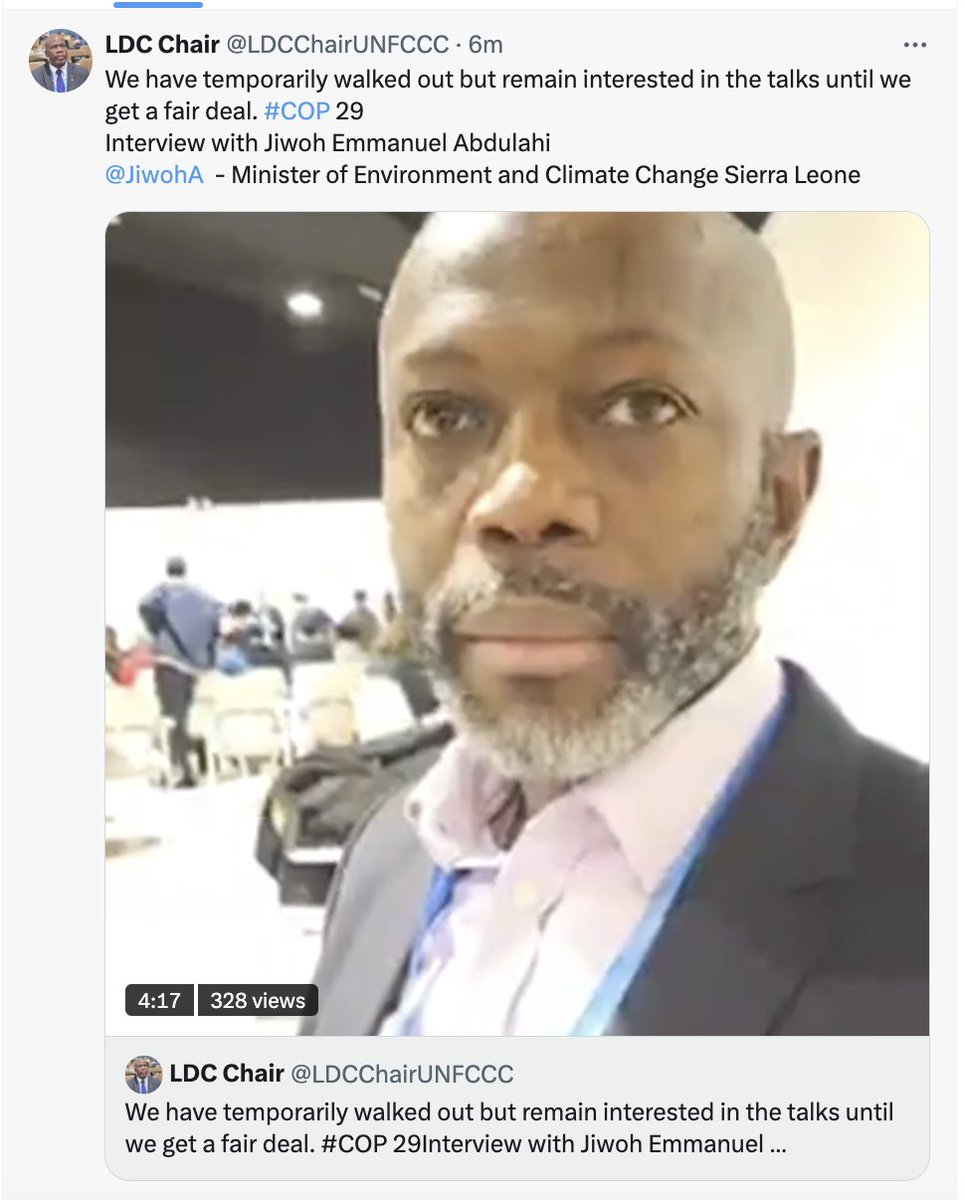 1/6.⚠️At #COP29, the <a href="/LDCChairUNFCCC/">LDC Chair</a> and <a href="/AOSISChair/">AOSIS</a> have temporarily walked out of negations on the New Collective Quantified Goal on #ClimateFinance (#NCQG) having rejected the current text for its lack of ambition and its failure to include key demands from the groups.🧵
