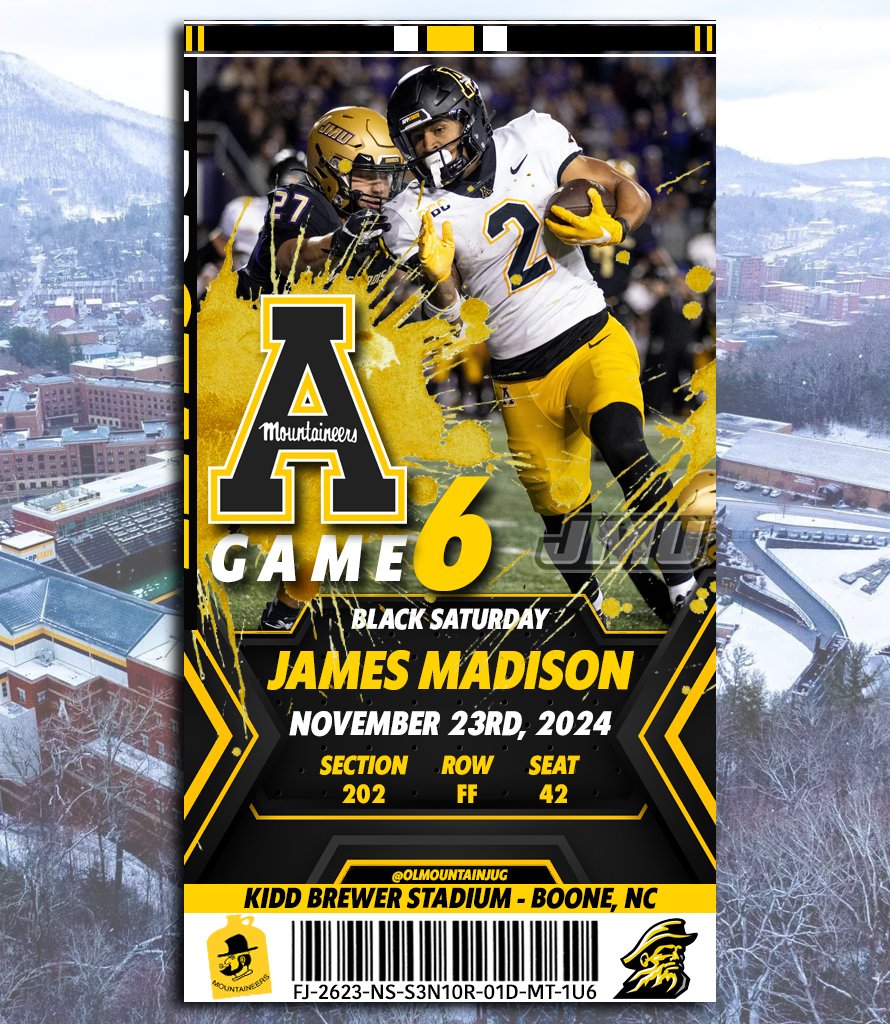 olmountainjug's tweet photo. The final ticket design is here! Game 6! Black Saturday! (AKA Senior Day and Homecoming) #BeatJMU https://t.co/pRcXg9wYxB