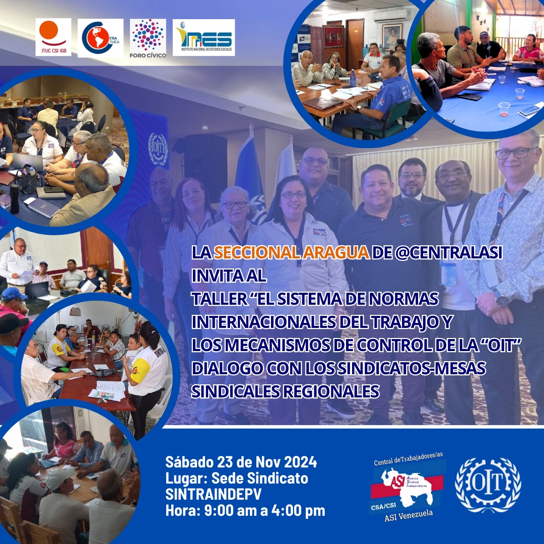 #23Nov La <a href="/CentralASI/">Central ASI Vzla</a> Seccional Aragua 
realiza Taller sobre NIT en diálogo con los Sindicatos.  Mesas sindicales  #PorElDiálogoSocialTripartito #EfectivoYConResultados
<a href="/OITAndina/">OIT Países Andinos</a>
<a href="/ILOACTRAV/">ILO ACTRAV</a>
<a href="/CSA_TUCA/">CSA-TUCA</a>
<a href="/ituc/">ITUC</a>
<a href="/inesvenezuela/">inesvenezuela</a>
<a href="/ForoCivicoVzla/">Foro Cívico</a>
<a href="/CFDT/">CFDT</a>
<a href="/CNVLatam/">CNVLatinoamérica</a>
<a href="/LiddesV63131/">Liddes Venezuela</a> <a href="/fenasipruv/">fenasipruv</a>