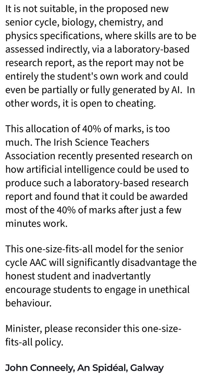 Excellent letter in today’s <a href="/irishexaminer/">Irish Examiner</a> about the issues surrounding AACs and the proposed Leaving Cert/Senior Cycle reforms. Well said, maith thú, John Conneely! #edchatie 

irishexaminer.com/opinion/yourvi…