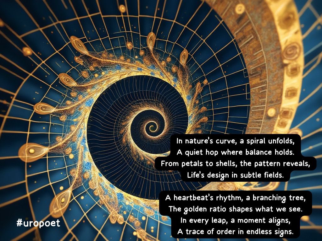 optionurol's tweet image. #FibonacciDay #vss365 #uropoet 

In nature’s curve, a spiral unfolds,
A quiet #hop where balance holds.
From petals to shells, the pattern reveals,
Life’s design in subtle fields.

A heartbeat’s rhythm, a branching tree,
The golden ratio shapes what we see.
In every leap, a…