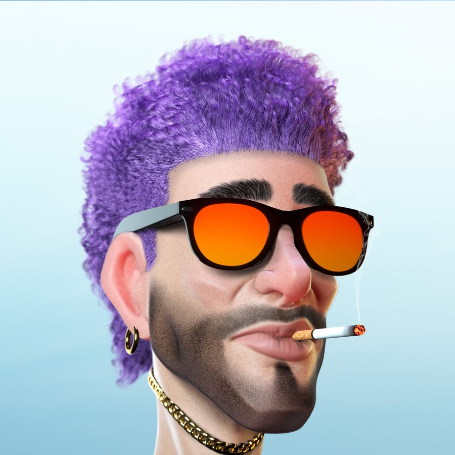GM Crypt3d Punks &amp; Punkettes.

Meet the one &amp; only, Rex Riff.

Curly purple locks, killer shades,  &amp; a cigarette always in hand.   

From underground gigs to viral fame, Rex's punk swagger &amp; slick street vibes turn heads everywhere he goes.   

A pure rock rebel.   

#FN1PUNK
