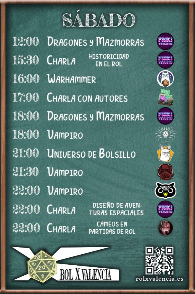 Durante el día de hoy, en #RolxValencia podréis seguir un montón de cosillas. Os dejo la parrilla por aquí.

Concretamente, en el canal del club, tendremos a <a href="/ComplejodMaster/">Justo Molina Ramírez</a> dirigiendo Vampiro para @damorao , <a href="/NandoRol1/">Nando</a> , <a href="/jelkie__/">Jelkie</a> y <a href="/Herudito1/">Gaiska</a>  a las 22h.