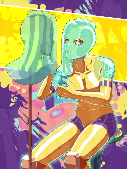 skebにて宇宙人スライムのアーティストなOC君を描かせて頂きました!唯一無二な個性の子は描いていて楽しい!スケルトンな体も初めて描いたので楽しかった…!! 