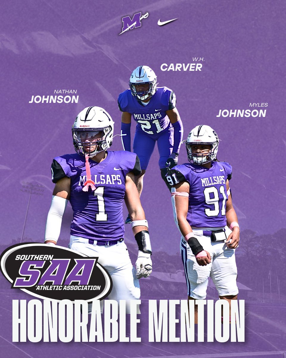 🏆 | 7 Majors awarded SAA All Conference Honorable mentions.

Offense: Cole Canatella, Larry Francois III, Kaiden Reese, &amp; Willie Elliott

Defense: Myles Johnson, Nathan Johnson, W.H. Carver

#PurpleReign | #FliptheM