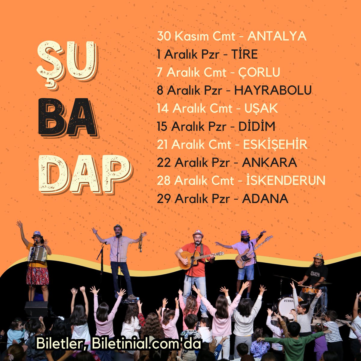 2024'ün son konserlerinde buluşalım. 🥳🌼

📍Bilet: biletinial.com/tr-tr/muzik/su…

📍3 yaş ve üstü her bir kişi için bilet alınması gerekiyor. 

📍Bilet bedeli 250 TL'dir. 

#şubadap #şubadapçocuk #çocukşarkıları #çocukmüziği
