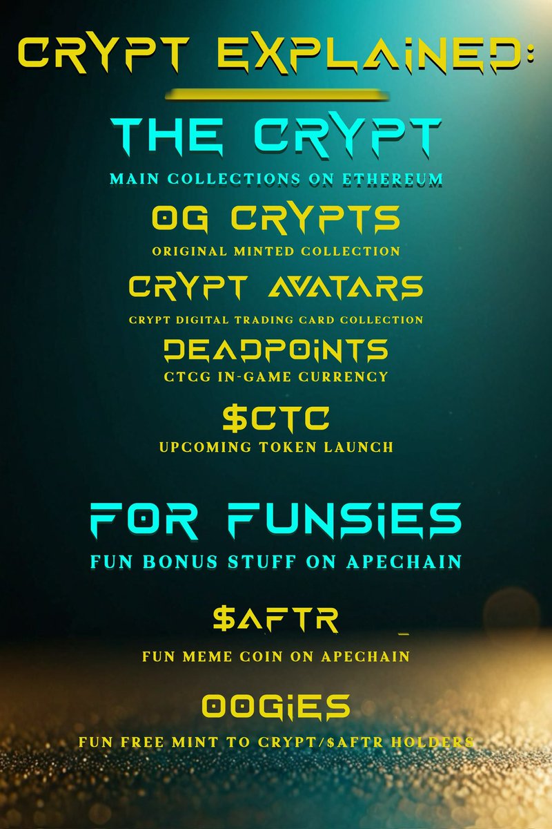ReegittyReegs's tweet image. 💀 69 @CryptTCG left until MINT OUT!!

😈 @OOGIES_ on #ApeChain coming Dec. 1

🎮 Crypt Legends game bets coming December

🪙$AFTR on ApeChain ROLLING

👑 $CTC in-game token for Crypt Digital Trading Cards is the FUTURE

#CryptTCG 
#Oogies
$AFTR