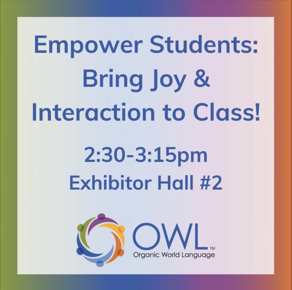 Come experience the JOY today! See how to infuse joyful learning into your classroom through student-directed, proficiency-based practices. See you at the session!! <a href="/actfl/">ACTFL</a> #owllove #engagement #joy