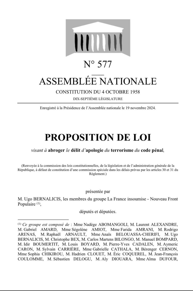 eciotti's tweet photo. Une proposition de loi de la honte. Une infamie de plus des Insoumis mais n’oublions jamais que les macronistes et les LR se sont alliés avec eux pour empêcher la victoire de l’union des droites. https://t.co/llStnGIerb