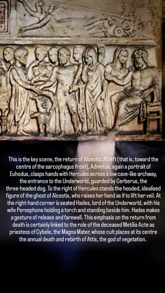 antmoose's tweet photo. Here on the right-hand side of the #sarcophagus front, #Alcestis is given leave by #Hades to leave the Underworld with #Hercules, to be reunited with #Admetus. This triumph over death is closely tied to the cult of the #MagnaMater, of whom Metilia Acte was a priestess. https://t.co/vzWSy3qkiM