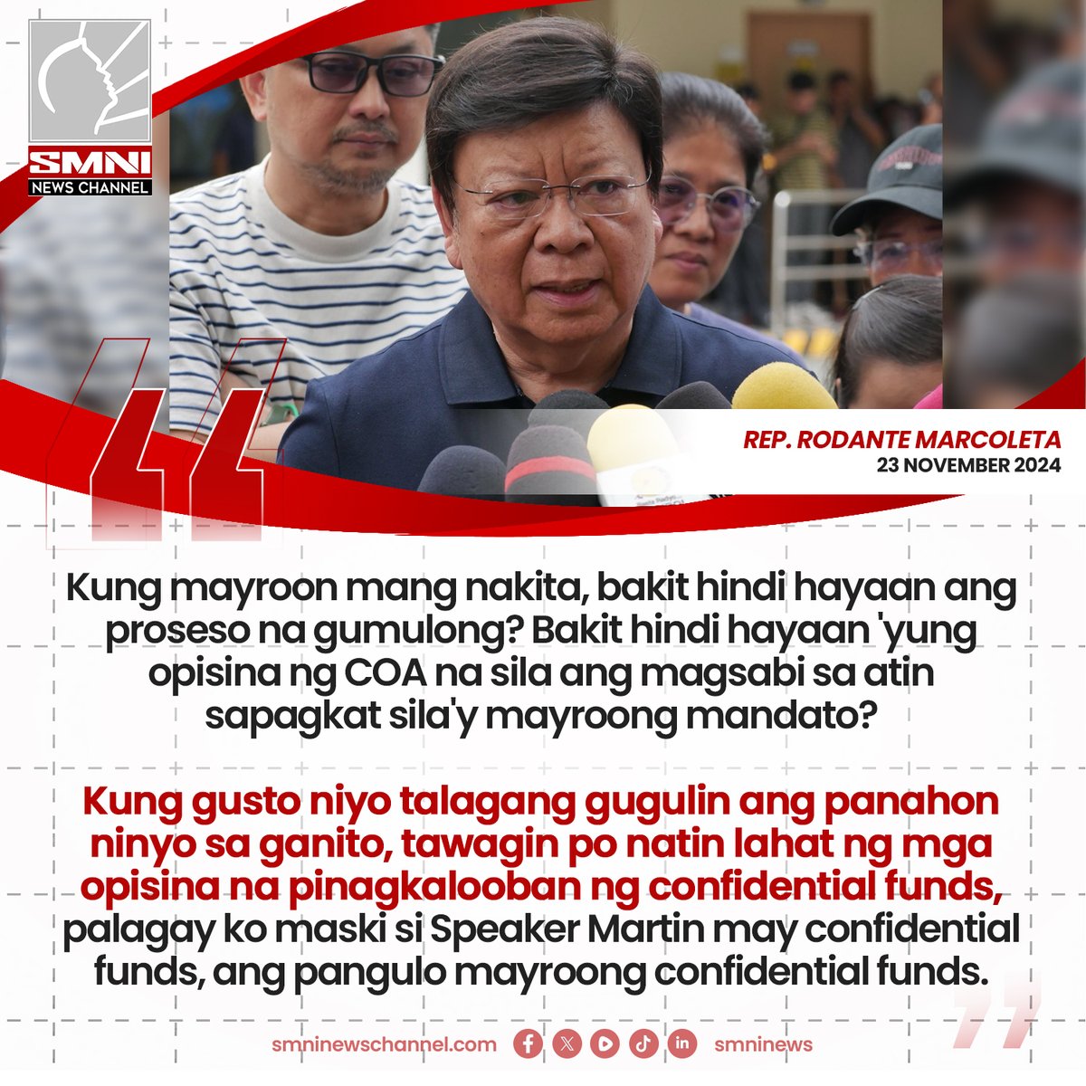 smninews's tweet photo. Kung gusto niyo talagang gugulin ang panahon ninyo sa ganito, tawagin po natin lahat ang mga opisina na pinagkalooban ng confidential funds —Rep. Rodante Marcoleta https://t.co/rBdWKPNiSd