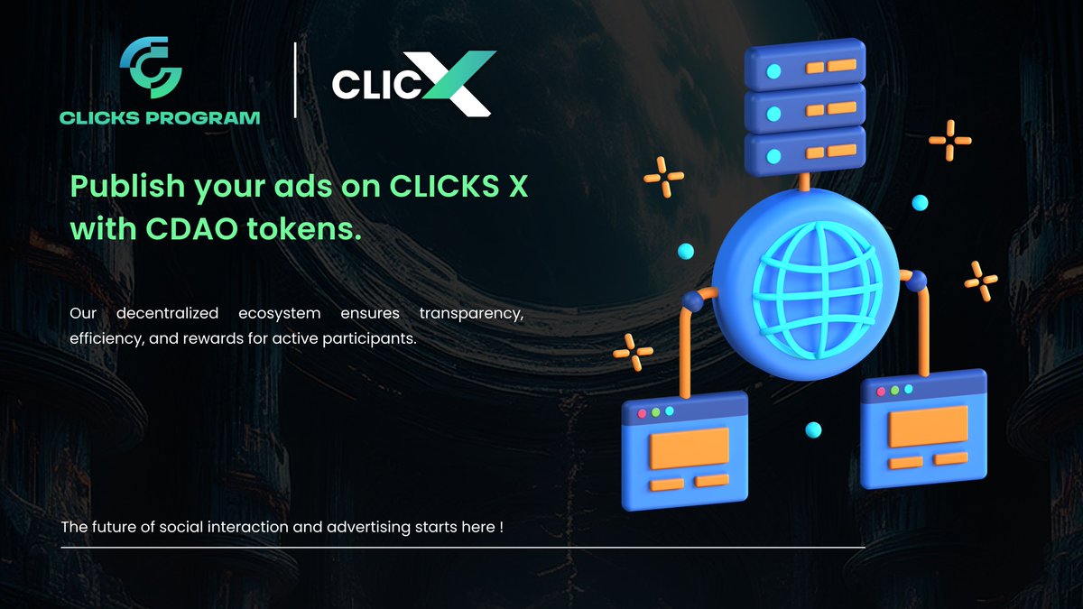 ClicksProgram's tweet image. 📢 Attention Advertisers! Publish your ads on CLICKS X with CDAO tokens. 

Our decentralized ecosystem ensures transparency, efficiency, and rewards for active participants.

Be part of the evolution. 🌐 

#DecentralizedAds #CLICKSX #Clickstoken #CDAO #Defi #Blockchain #Web3…